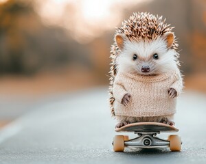 Pet influence social media entertainment advertising. A cute hedgehog wearing a sweater skateboards on a road, surrounded by a soft, blurred autumn backdrop.