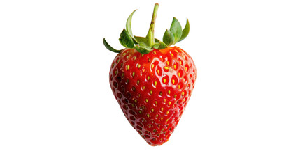 Ripe red strawberry hanging with green leaves on transparent background
