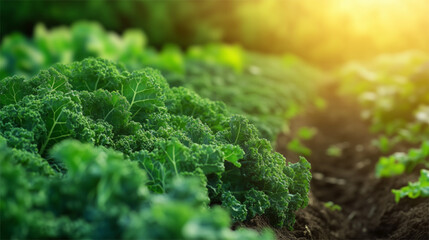 Obraz premium Fresh Green Kale Leaves in a Sunlit Field