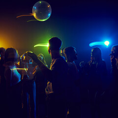 Group of young people, men and women, enjoying, cheerfully dancing in a night out in a cozy club with a playful mix of neon lights. Concept of party, celebration, entertainment © master1305
