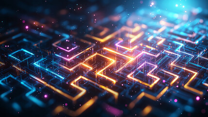vibrant abstract background featuring glowing lines and patterns, creating mesmerizing maze like effect. interplay of colors adds depth and intrigue to design
