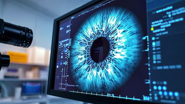 High Tech Eye Scan on Medical Monitor in Futuristic Laboratory