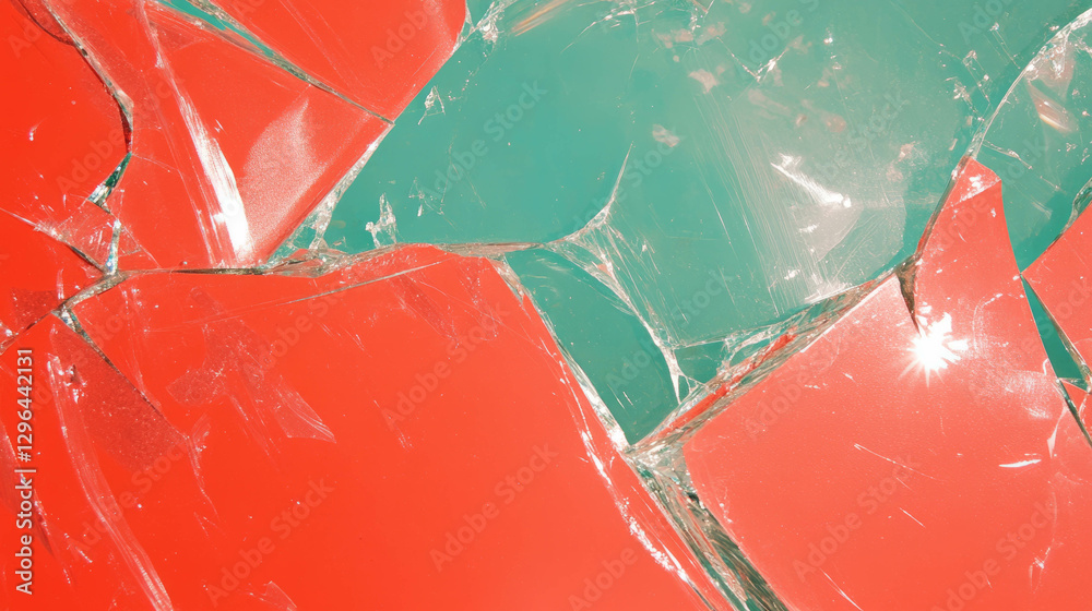 Poster abstract design with broken glass and fabric pieces in red and green