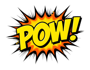 A bold comic-style explosion with the word "POW!" in dynamic yellow-orange text. Sharp black outlines and energetic bursts create a powerful impact effect.