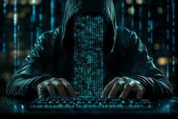 Hacker working in a dark room surrounded by cascading lines of green code on a wall during nighttime