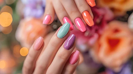 A close-up of a woman's hands with colorful nail polish.