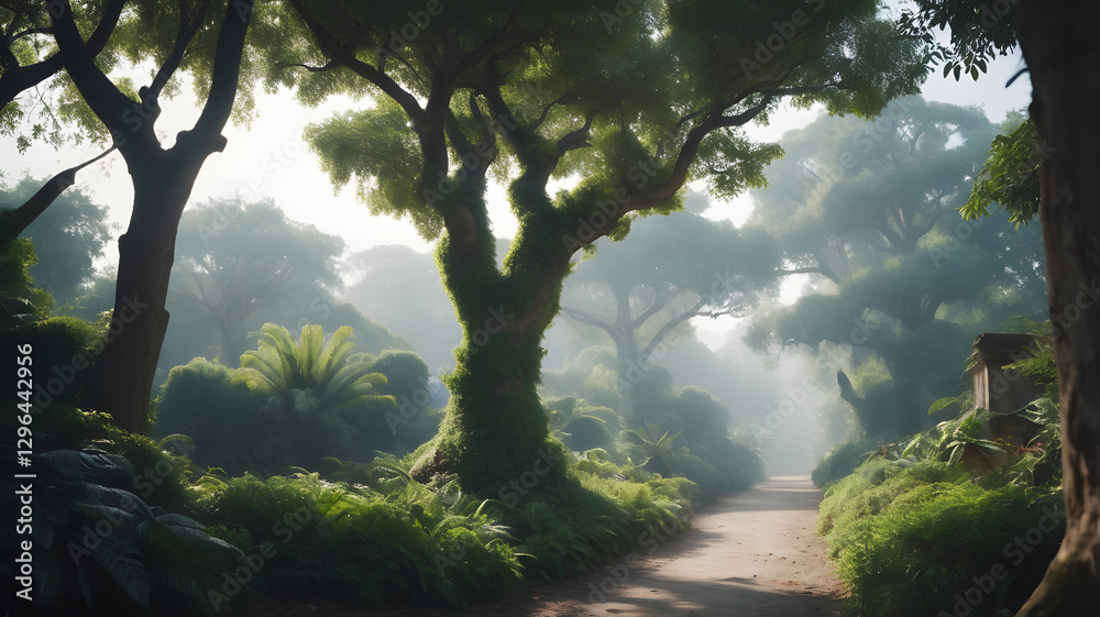 Poster A scenic pathway winding through a lush, vibrant forest, creating a tranquil and enchanting atmosphere. The sunlight filters through the trees
