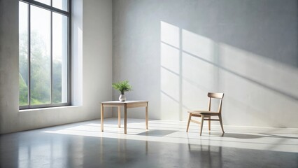 Serene Minimalist Room Interior Design Featuring Sunlight Streaming Through a Large Window, a Simple Wooden Table, and a Chair, Creating a Peaceful and Tranquil Atmosphere