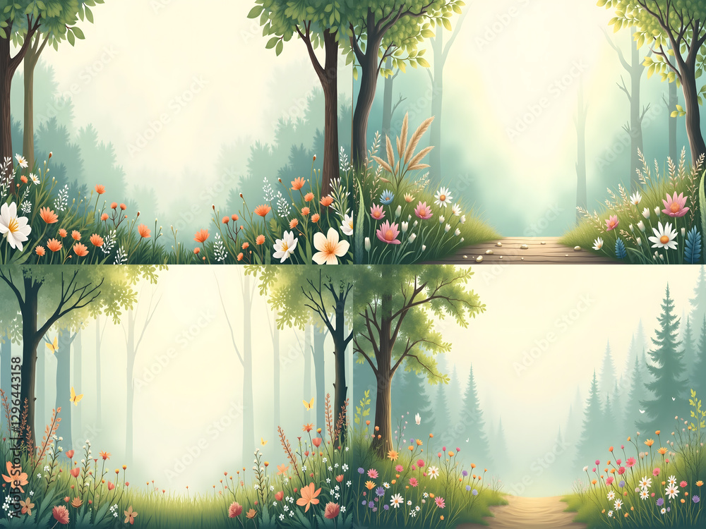Poster serene forest scene with pathways, flowers, and trees in the soft light of a hazy morning or dusk