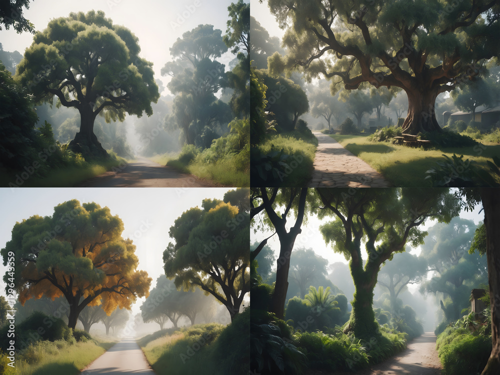 Poster A collection of photos featuring various tranquil forest scenes with trees and paths