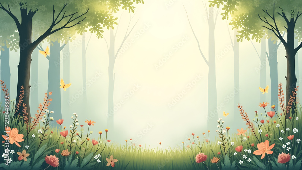 Poster a serene forest scene with vibrant flowers and butterflies. the trees create a sense of depth, invit