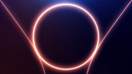 Luxury neon golden ceremony award background. Glowing circle with shiny particles and confetti ceremony intro. Futuristic energy light streak stage glitter animation.