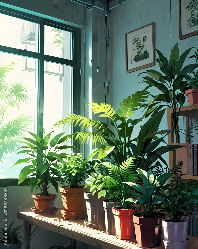 Poster a collection of potted plants in an interior setting next to a window, filled with various types of 