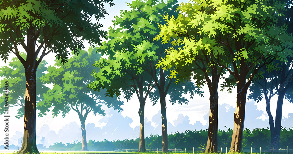 Aufkleber a row of trees with lush green foliage, bathed in sunlight creating a serene and inviting atmosphere. This landscape photo is a perfect representation of nature's beauty