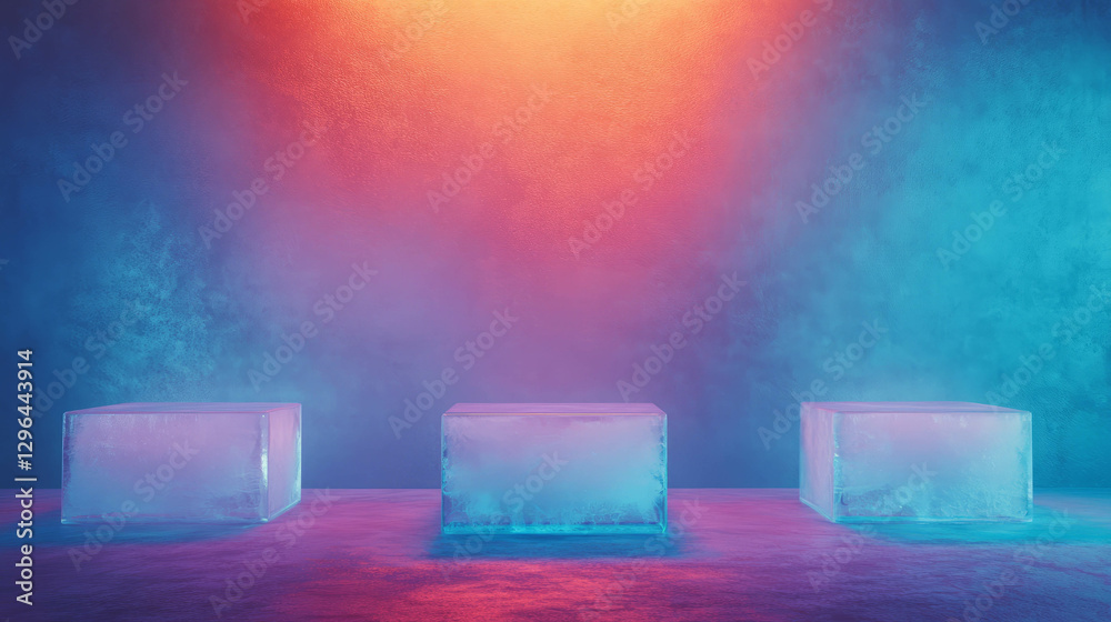 Poster modern abstract display with three ice podiums in vibrant lighting