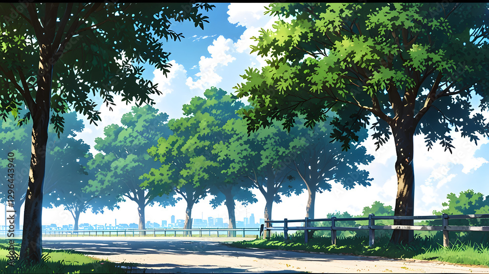 Poster trees line a road with a cloudy sky background, offering a tranquil view