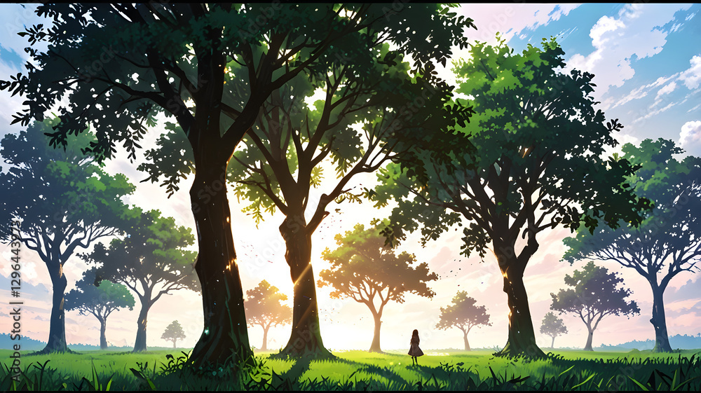 Poster a serene sunlit forest with lush greenery and tall trees. the trees create a canopy effect, letting 