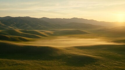 Fototapeta premium Misty Hills at Sunrise with Warm Light