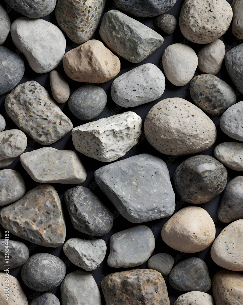 Poster an assortment of smooth stones in various shapes and sizes, arranged together to create a natural texture and pattern. The stones exhibit a range of colors and textures.
