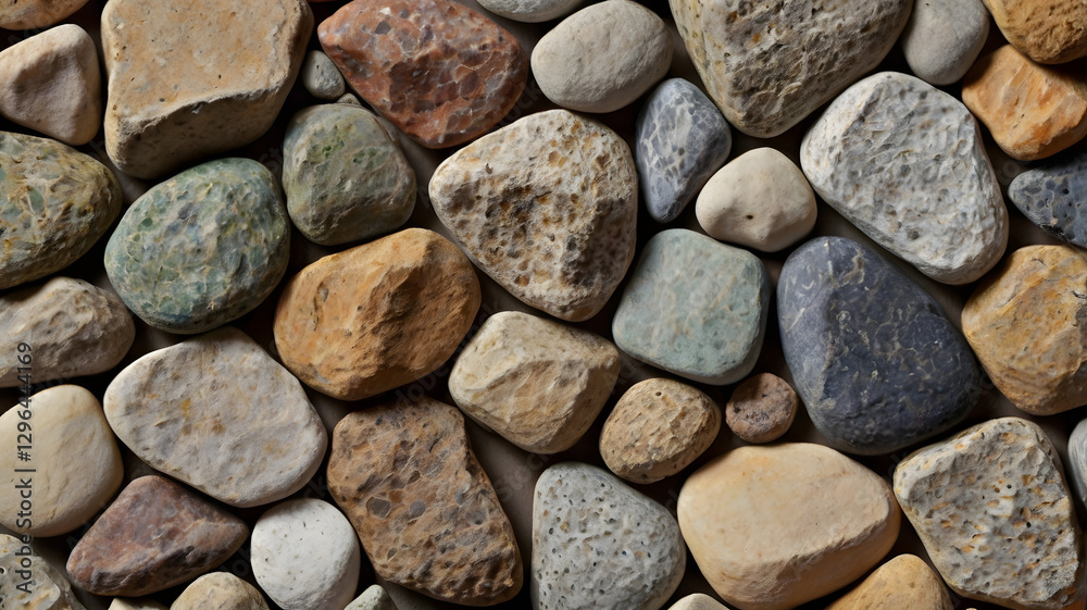 Fototapete a collection of smooth, colorful river rocks. Each rock is a unique shape and size, creating a textured surface