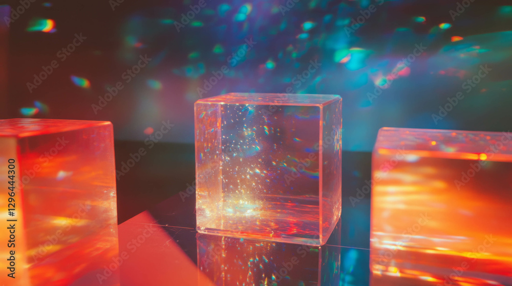 Aufkleber abstract art with three reflective podiums and colorful light effects