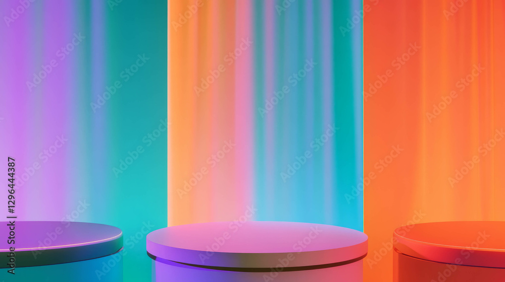 Aufkleber Vibrant display with three podiums and rotating platform for artistic presentation