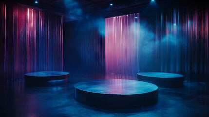 Futuristic stage design with three podiums and rotating platforms in moody lighting