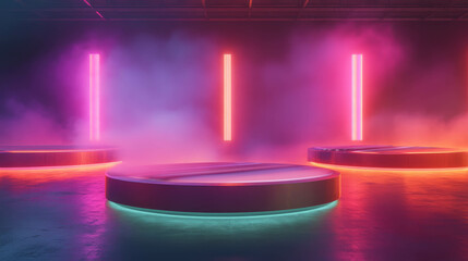 Futuristic neon podiums with rotating platforms in vibrant lighting