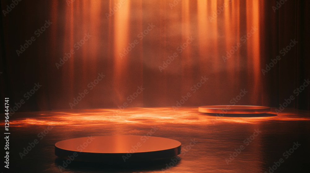 Poster Modern design with three podiums and integrated water features for elegant display