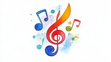 Colorful Watercolor Treble Clef and Musical Notes Illustration