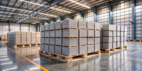 Warehouse Inventory Stacks of Uniformly Palletized Building Materials in a Modern Industrial Setting