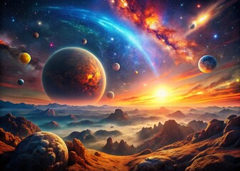 Fiery Sunset over Alien Planets: Cosmic Landscape Photography