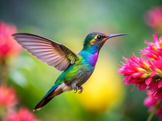 Fototapeta premium Fiery-throated Hummingbird Hovering Near Pink Flower - Vibrant Nature Photography