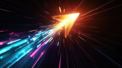 A dynamic upward bound arrow composed of bright vibrant beams radiates speed and energy against a deep black background symbolizing growth progress and ambitious potential