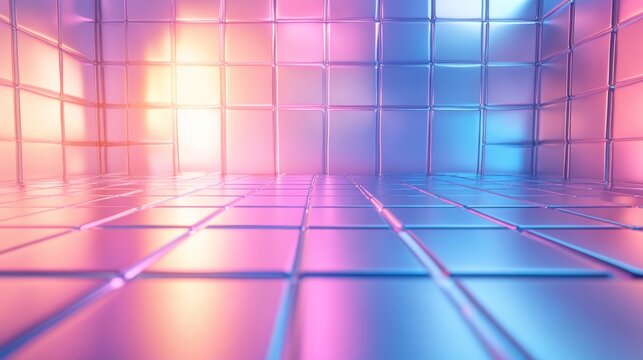 A futuristic interior scene with tiled walls and colorful light