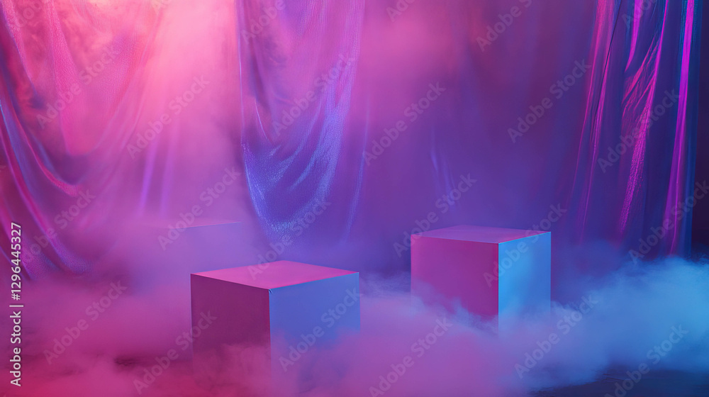 Poster vibrant smoke and colorful podiums in atmospheric setting for creative design