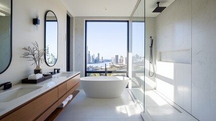 Ultra-modern guest bathroom with clean lines, a floating vanity, and a walk-in shower.