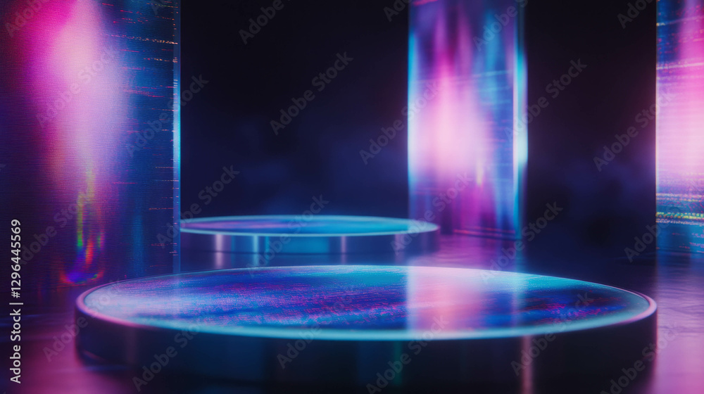 Poster Futuristic display with two podiums featuring holographic projections for technology concept design