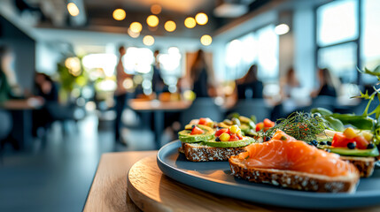 Healthy open-faced sandwiches with salmon, avocado, and other colorful toppings served in a brightly lit, modern setting.