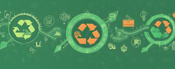 Recycling process visualized using symbols and arrows in green