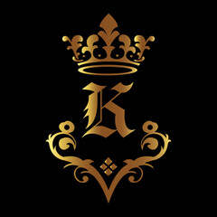 Elegant gold letter K with royal crown and intricate swirls on a dark luxurious background