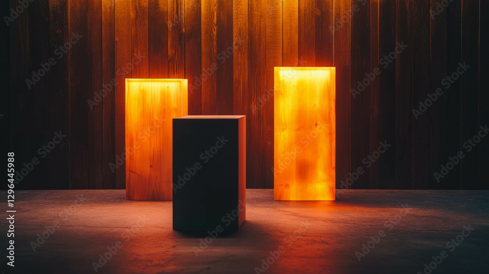 Poster Modern display with two illuminated white podiums and ambient lighting for exhibits