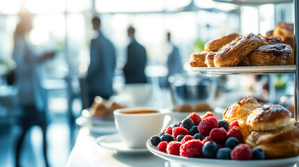 A delightful breakfast setup with pastries, fresh berries, and coffee, creating a bright and inviting start to the day.
