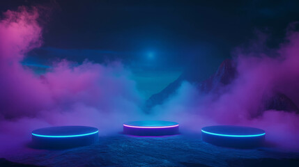 Futuristic podiums with smoke and dramatic neon lighting for event design