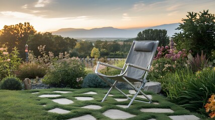 A folding camping chair with a lightweight frame, placed in a garden.
