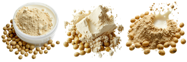 Protein powder nutrition Soybean products including flour and protein displayed on a transparent background.