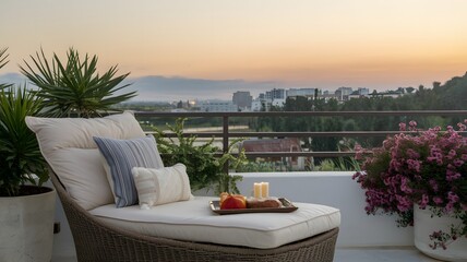 Fototapeta premium A comfortable lounge chair with plush cushions, placed on a balcony.