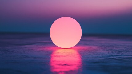 Glowing pink sphere with reflection upon a smooth surface is presented