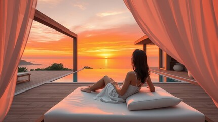 Captivating sunset view from a luxurious terrace overlooking serene waters and vibrant skies