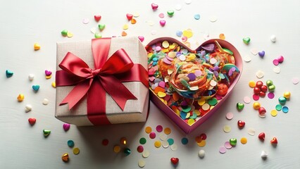 A Festive Gift Box with a Heart-Shaped Container Filled with Colorful Confetti and a Sweet Treat